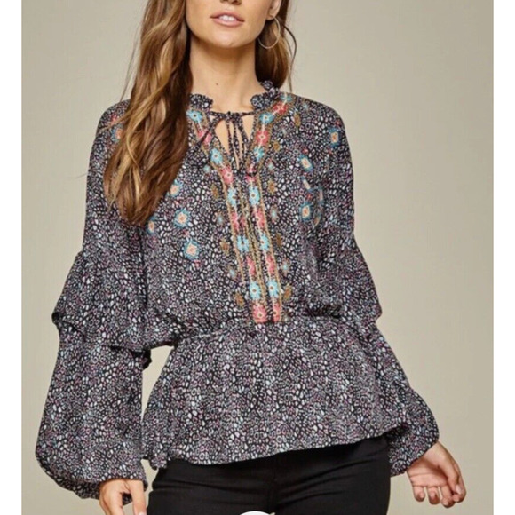 Savanna Jane Boho Top Women S Small Bell Sleeve Peplum Tiered Floral Keyhole Tie - Picture 10 of 11